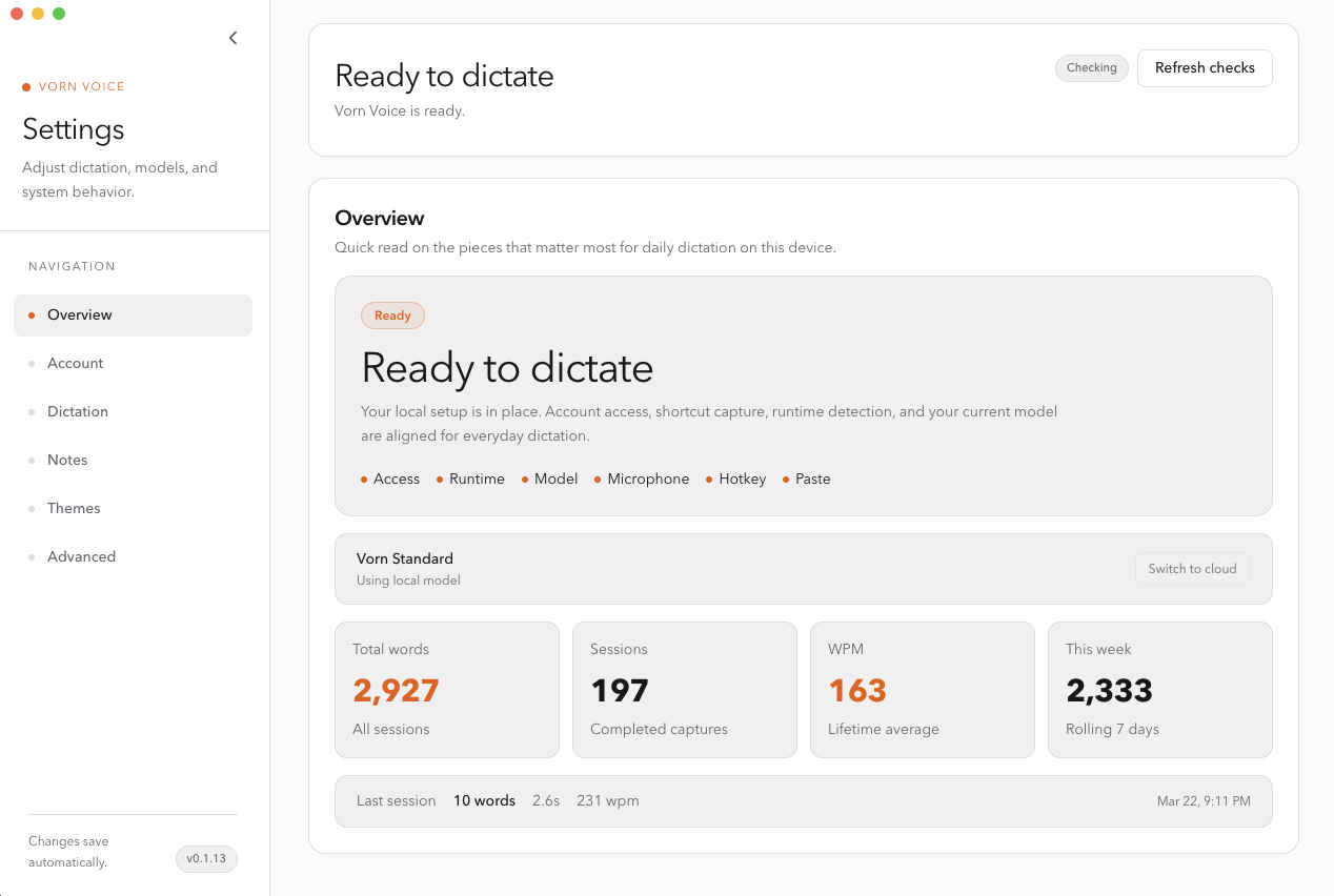 Vorn Voice desktop app — settings panel showing dictation status, session statistics, and setup checks